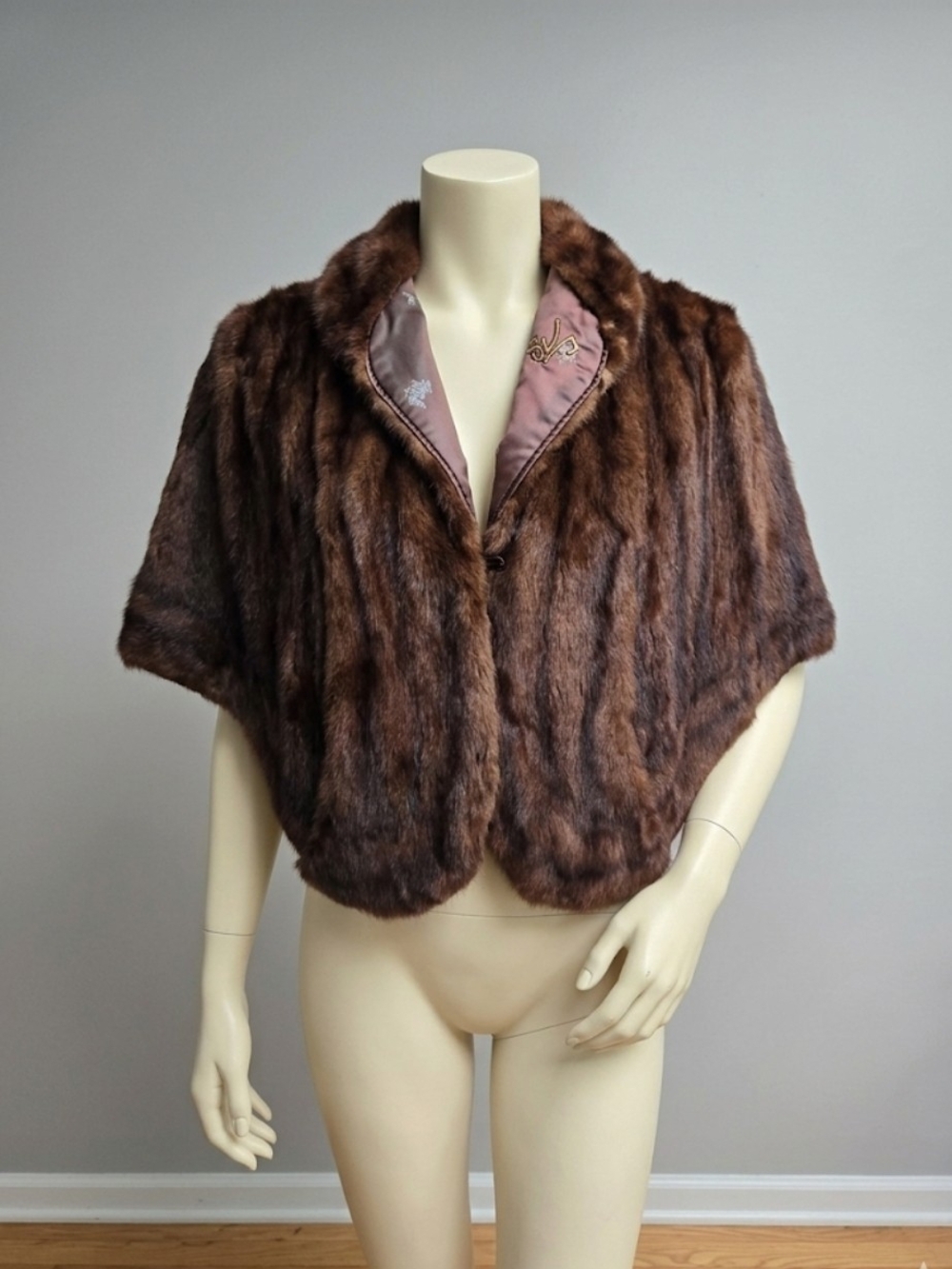 Vintage Genuine Mink Fur Shawl Stole Caplet Brown Green Bay Furriers Pockets